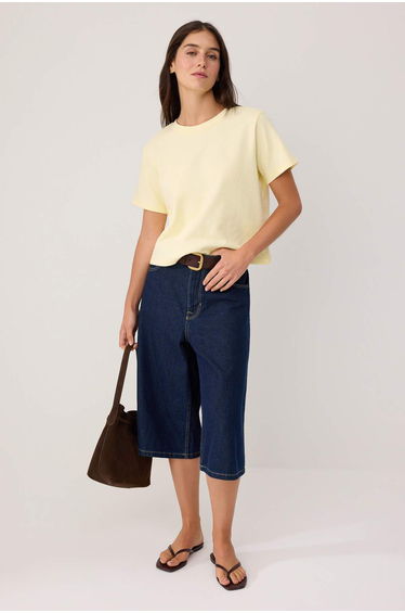 Light Yellow Plain Regular Crew Neck Standard Sleeve Short Interlock Knitted T-Shirt