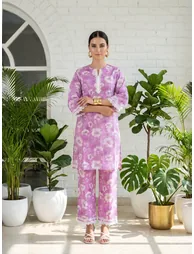 Lilac Floral Print Lace Details Tunic and Trousers Set
