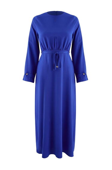 Blue Gold Accessory Detailed Skater/Waist Opening Maxi Woven Belted Hijab Dress