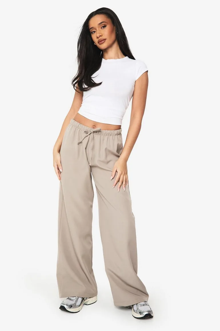 Woven Elasticated Low Rise Wide Leg Trousers - sand - 2