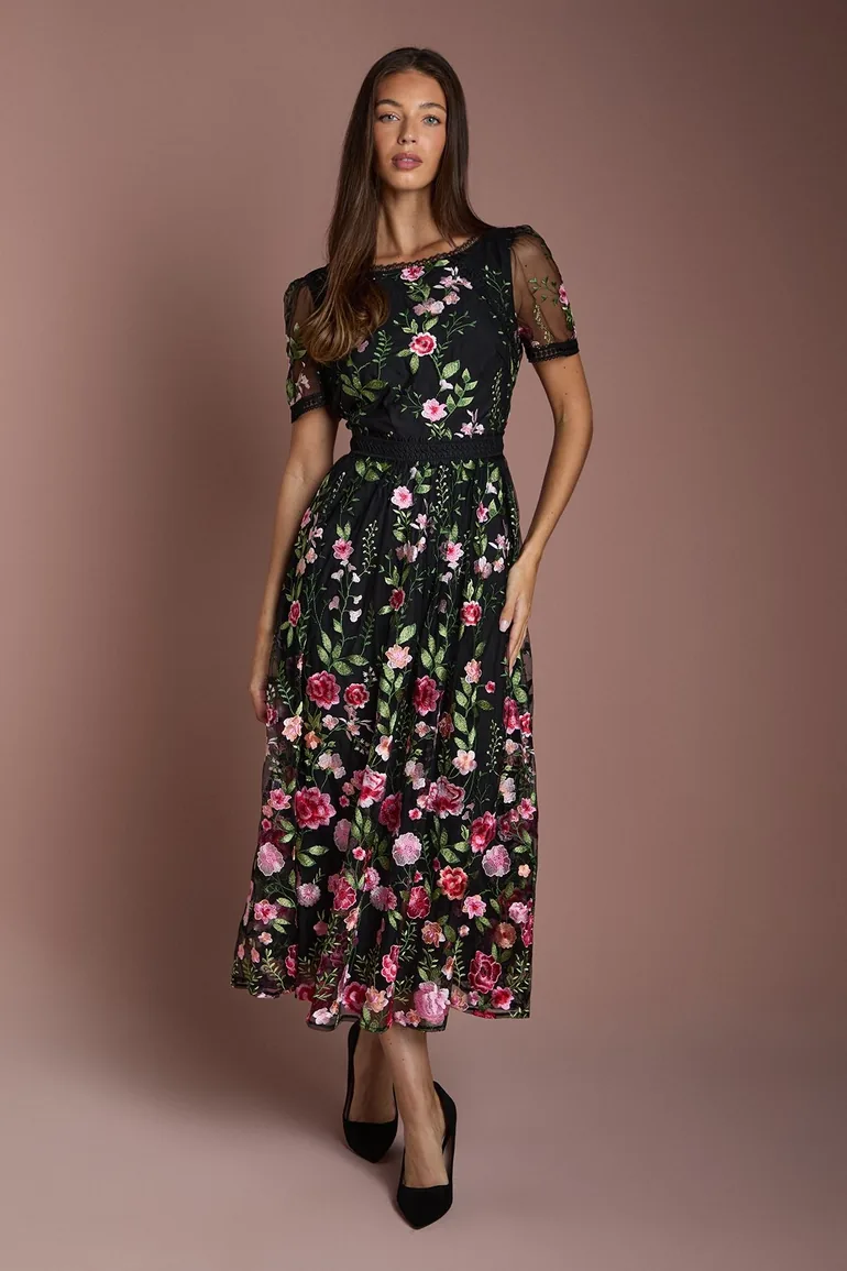 Lace Trim Detail Embroidered Mesh Midi Dress