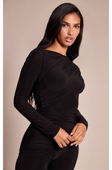 Black Slinky Long Sleeve Ruched Drape Jumpsuit product thumbnail 4