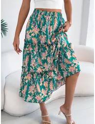 Green Floral Tiered Midi Skirt - 2