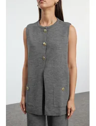 Anthracite Wide Fit Button Detailed Vest-Pants Knitwear Top and Bottom Set - 2