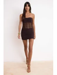Brown Plain Weave Lace Short / Mini Lined Dress