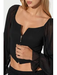 BDART Ribbed Zipper Crop Blouse with Square Collar - 3