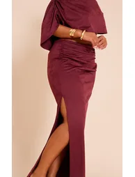 Shape Wine Faux Suede Ruched Side Split Maxi Skirt - 1