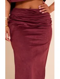 Shape Wine Faux Suede Ruched Side Split Maxi Skirt - 3