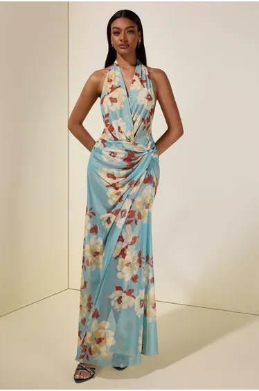 Mesh Floral Halter Neck Midi Dress