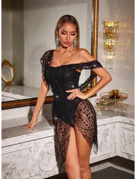 Bailee Split Sequin Mini Dress In Black - 1