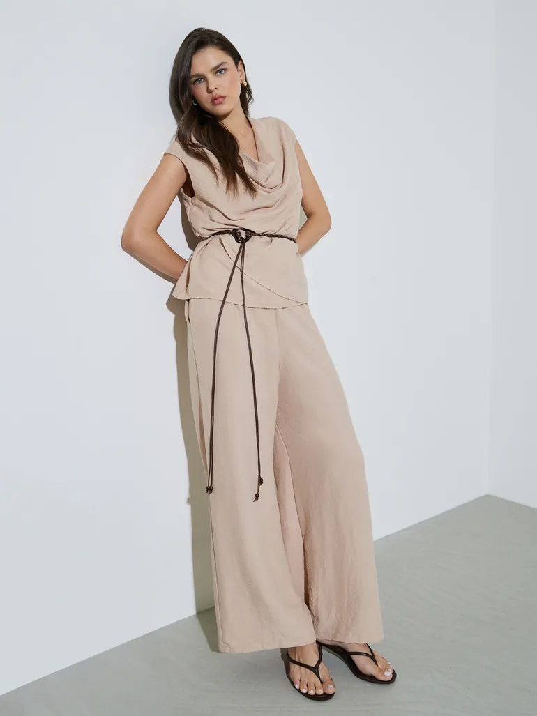 Beige Cowl Neck Tie-Cord Belt Blouse and Pants Co-ord Set