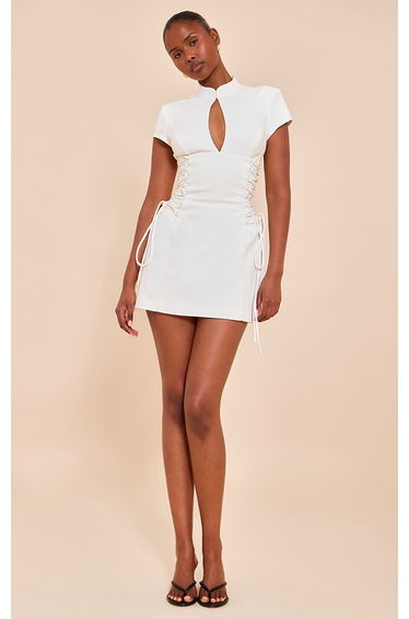 PLT Label Almond Tailored Band Collar Lace Up A-line Dress