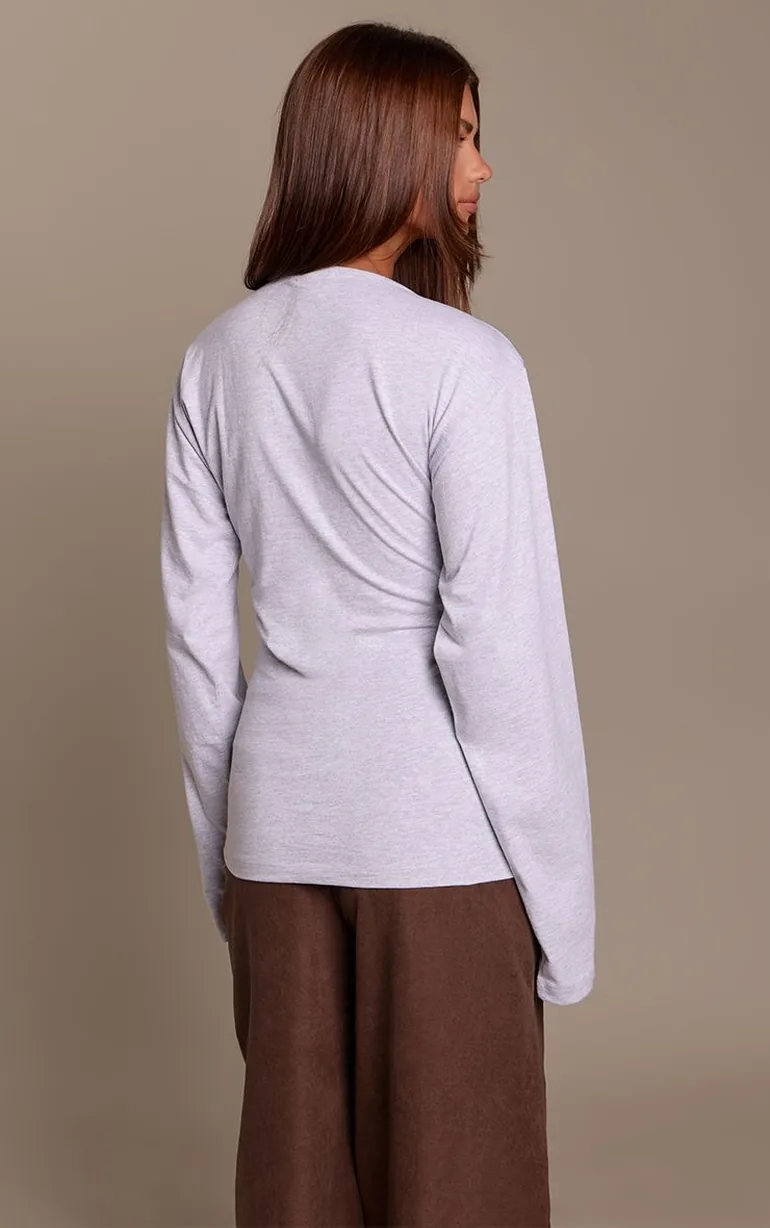 Grey Marl Cotton Shoulder Pad Cinched T-Shirt - 2