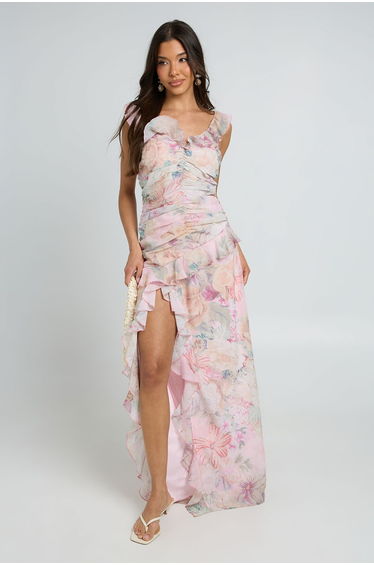 Chiffon Floral Ruched Waist Ruffle Detail Maxi Dress - peach