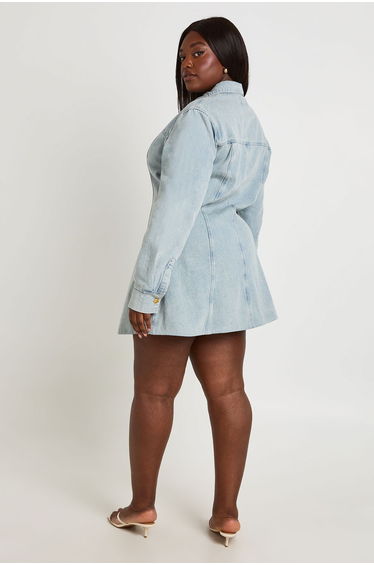 Plus Gold Button Cinched Denim Dress - bleach wash product thumbnail 2