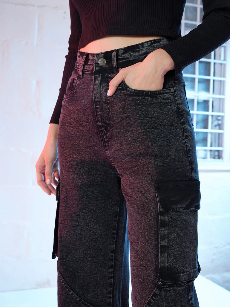 Women Black High Rise Straight Fit Cargo Jeans - 3