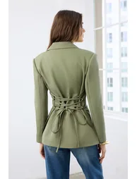 Light Khaki Back Tie Detail Blazer Jacket - 3