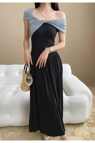 Contrast Color Twist Neckline Drop-Waist Dress