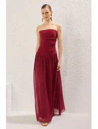 Dark Cherry A-Line Draped Chiffon Woven Long Elegant Evening & Graduation Dress TPRSS25AE00151