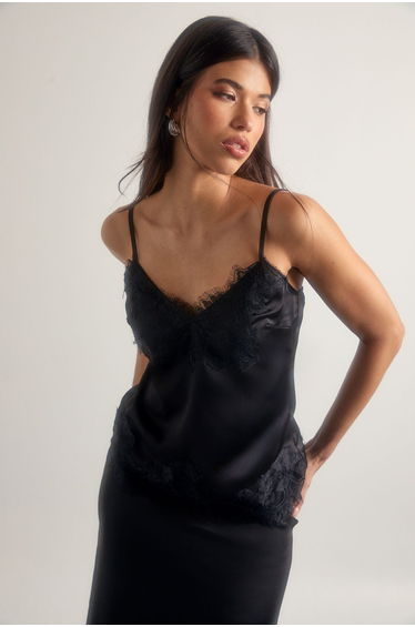 Lace Trim Satin Cami Top - black