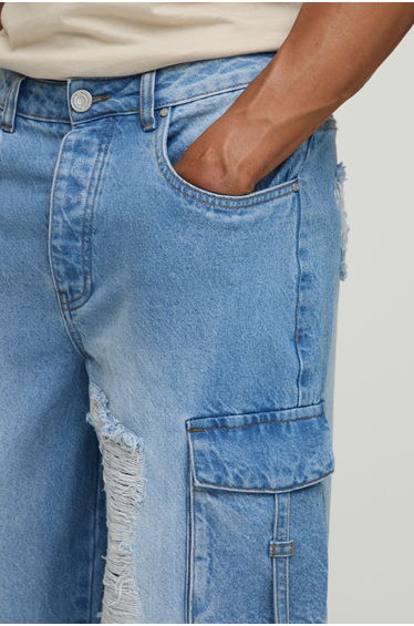 Extreme Washed Cargo Strap Detail Baggy Jeans - washed blue product thumbnail 4