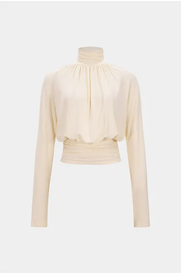 Basic Faux Leather High Collar Wrinkled Long Sleeve T-Shirt