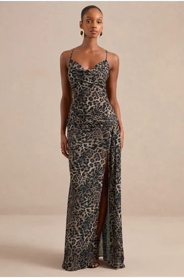 Virtue | Brown Leopard Print Cowl-Neck Fishtail Maxi Dress With Split