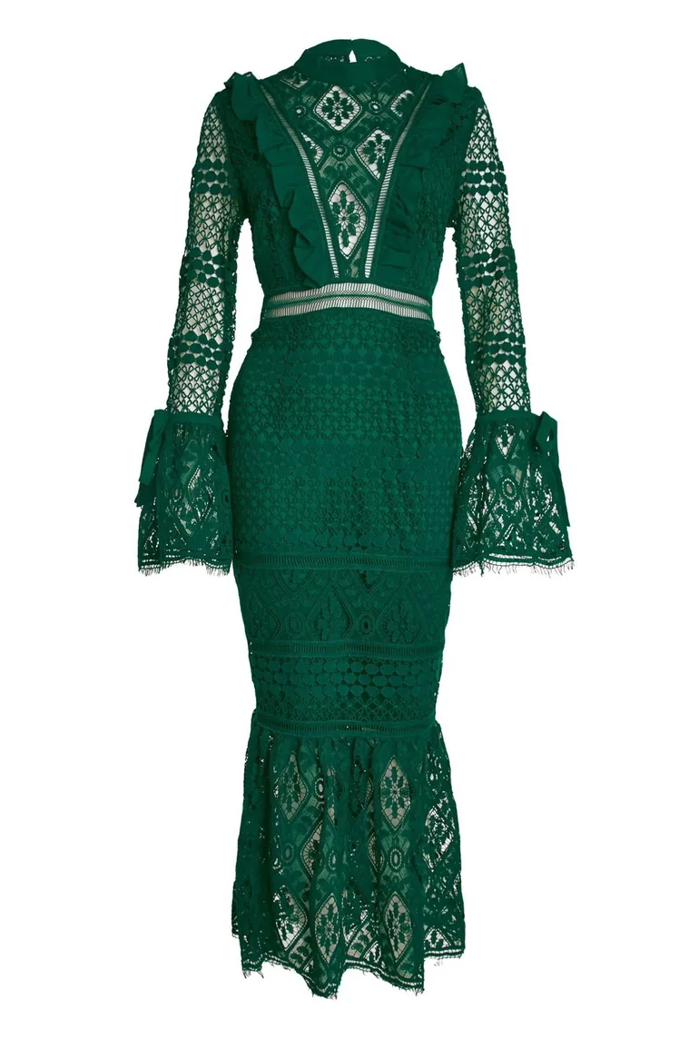 Jenna Emerald-Green Peplum-Sleeve Lace Midi Dress - 2