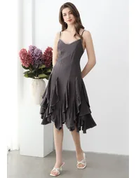 Lace Ruffle Panelled Asymmetric Cami Dress in Smoke