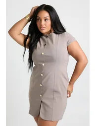 Plus Gold Button Down Shift Dress - mocha - 1