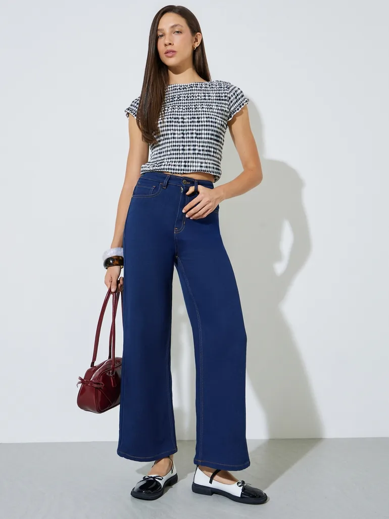 Dark Blue Mid Rise Wide Leg Jeans