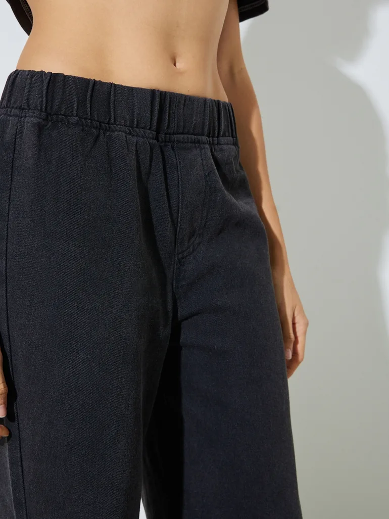 Black Wide Leg Jeans with Elastic Waistband - 2