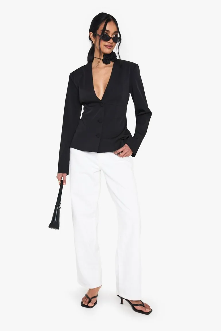 Collarless Plunge Tailored Blazer - black - 2