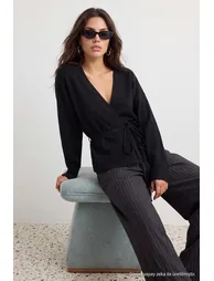 Black Double-Breasted Collar Tie Detail Knitwear Cardigan - 3