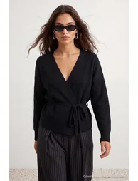Black Double-Breasted Collar Tie Detail Knitwear Cardigan - 4