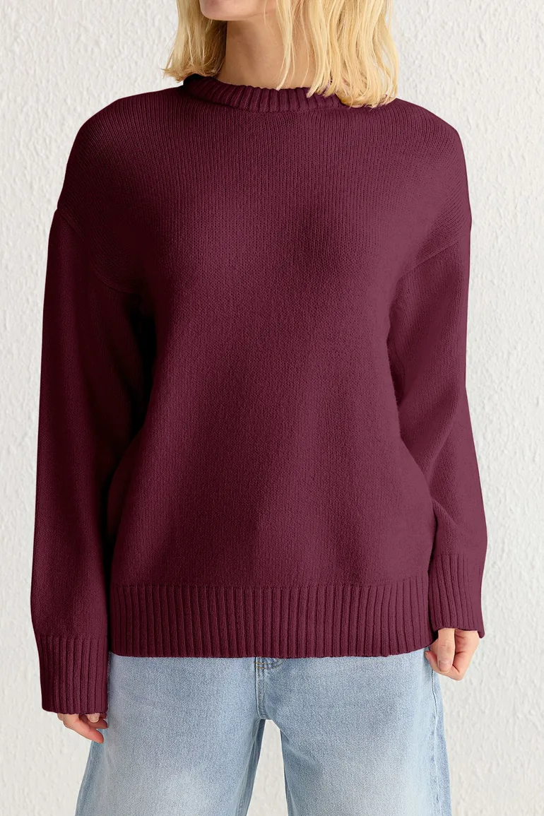 Burgundy Wide Fit Crew Neck Knitwear Sweater - 3