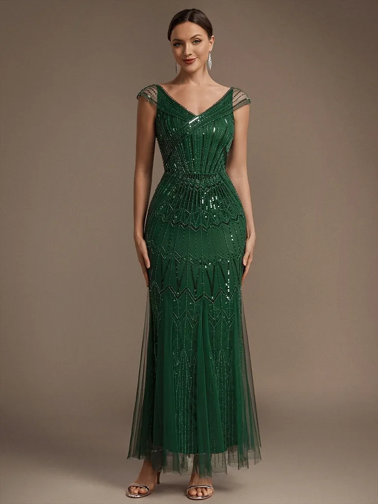 ever CABARET|Sequin Drop Shoulder Sleeve Beaded Formal Dress