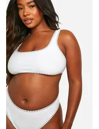 Plus Contrast Stitch High Waisted Bikini - ecru - 3