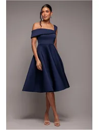 One Shoulder A Line Midi Dress - Navy Blue by Goddiva - 2