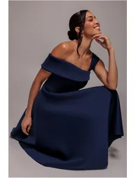 One Shoulder A Line Midi Dress - Navy Blue by Goddiva