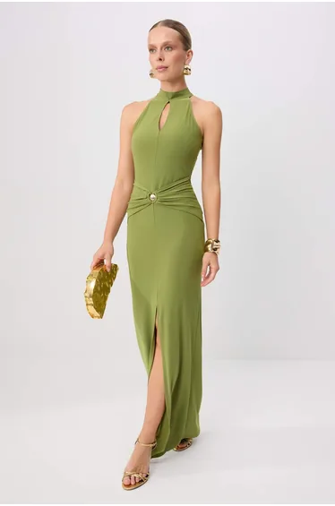 Oil Green Gold Accessory Detailed Low-Cut Maxi Evening Dress & Graduation Dress