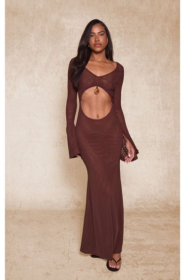 Chocolate Mesh Long Sleeve Drop Bead Detail Maxi Dress