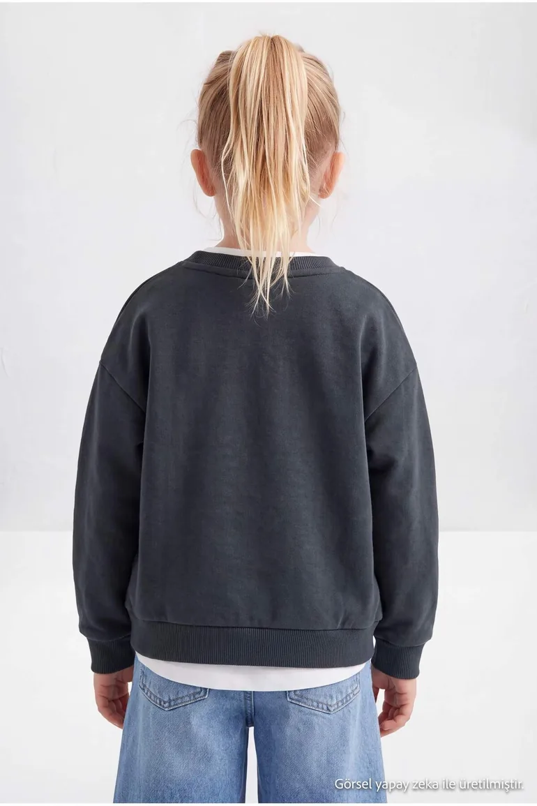 Anthracite Thick Girls' Printed Sweatshirt - 2