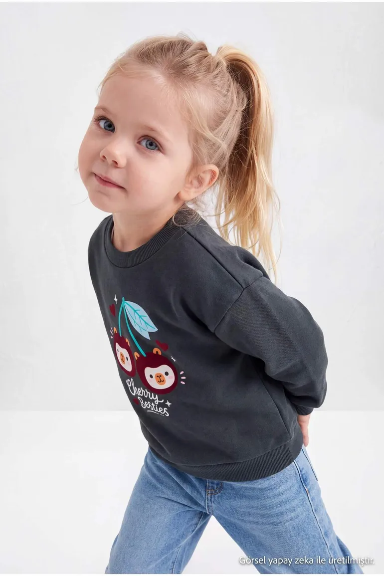 Anthracite Thick Girls' Printed Sweatshirt - 1