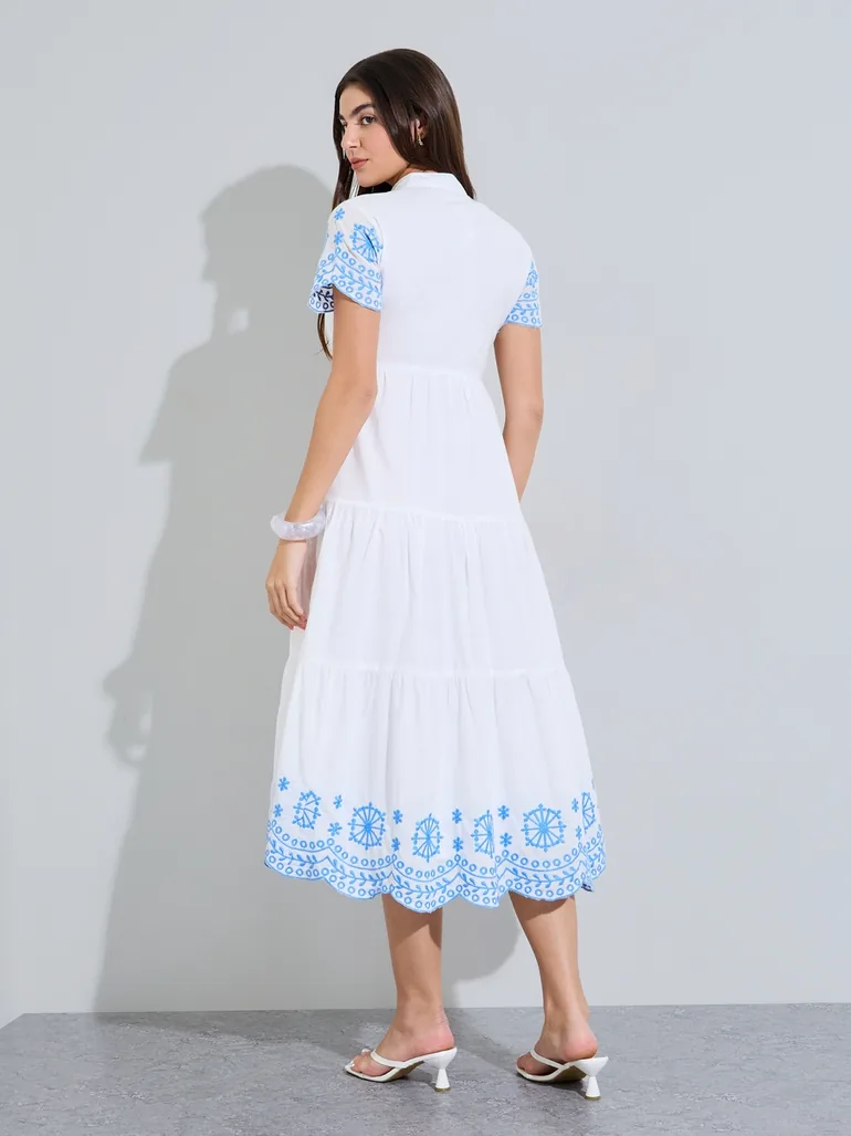 White Embroidered Cotton Tiered Midi Dress - 4