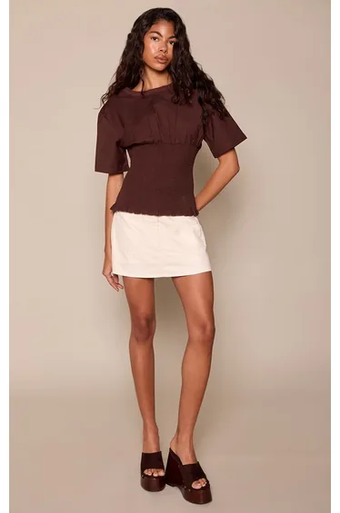 Chocolate Cotton Linen Blend Shirred Short Sleeve Top