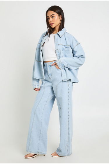High Waist Studded Western Straight Leg Jean - bleach wash