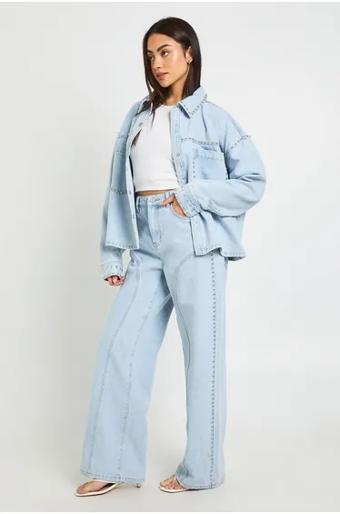High Waist Studded Western Straight Leg Jean - bleach wash