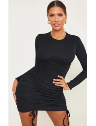 Shape Black Rib Underbust Detail Long Sleeve Ruched Bodycon Dress