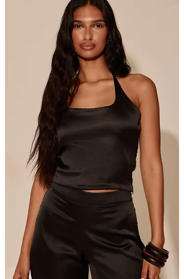 Black Satin Halter Vest Top Co-ord